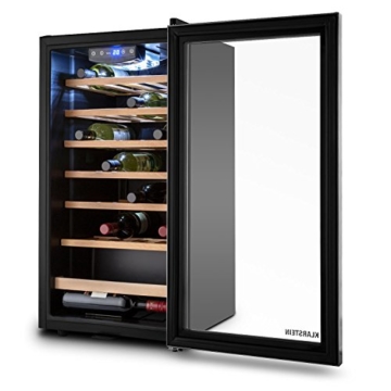 Klarstein Vivo Vino 26 Weinkühlschrank Weinlagerfach Weinflaschen Kühlschrank 26 Flaschen Wein (88 Liter, doppelt isolierte Edelstahl-Glastür, Touch-Armatur, LED-Innenraumbeleuchtung, niedriges Betriebsgeräusch, sehr kompakt, regelbare Kühltemperatur) - 